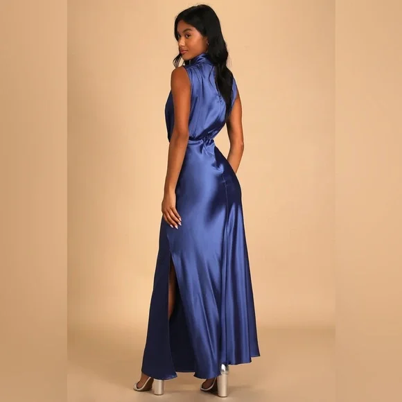 New Lulus Classic Elegance Blue Satin Sleeveless Mock Neck Maxi Dress Size 2X - Picture 3 of 4